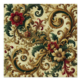 Barok bloempatroon met goud, rood, groen A Perfect Poster