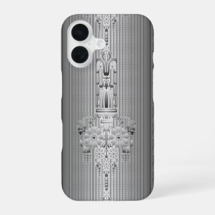 Barok bloempatroon met rand grijs iPhone 16 hoesje