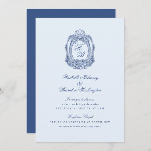 Barok Crest Frans Blauw Bruiloft II Kaart (Voorkant / Achterkant)