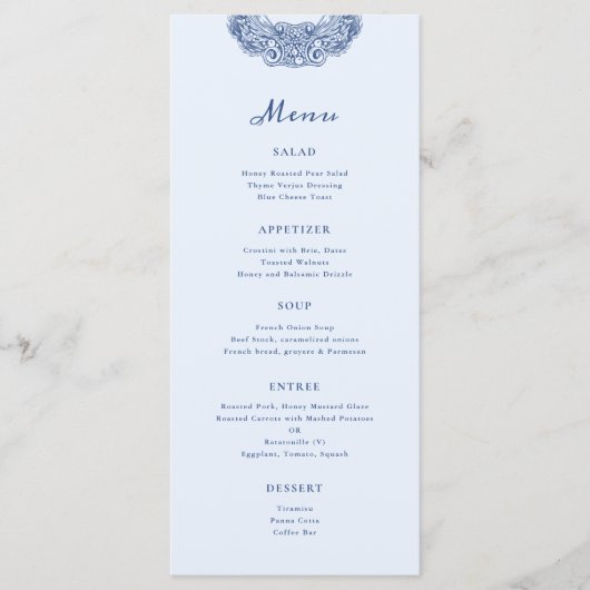 Barok Crest Frans Blauw Bruiloft Menu (Voorkant)