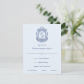 Barok Crest Frans Blauw Bruiloft RSVP Kaartje (Staand voorkant)