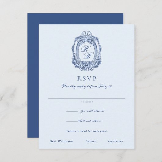 Barok Crest Frans Blauw Bruiloft RSVP Kaartje (Voorkant / Achterkant)