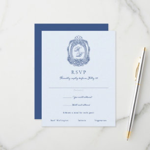 Barok Crest Frans Blauw Bruiloft RSVP Kaartje