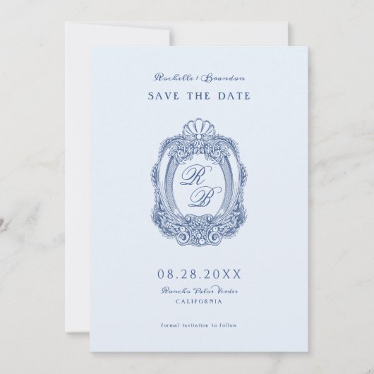 Barok Crest Frans Blauw Bruiloft Save The Date (Voorkant)
