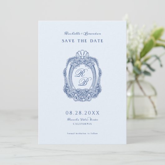 Barok Crest Frans Blauw Bruiloft Save The Date (Staand voorkant)