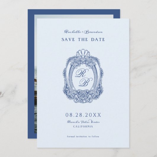 Barok Crest Frans Blauw Bruiloft Save The Date (Voorkant / Achterkant)