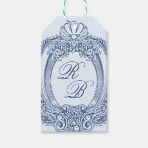 Barok Crest Frans Blauw Initialen Bruiloft Cadeaulabel
