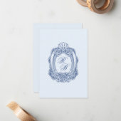 Barok Crest Frans Blauw Initialen Bruiloft Notitiekaartje (Voorkant / Achterkant in situ)