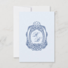 Barok Crest Frans Blauw Initialen Bruiloft Notitiekaartje