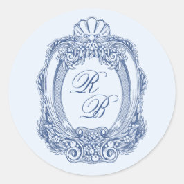 Barok Crest Frans Blauw Initialen Bruiloft Ronde Sticker