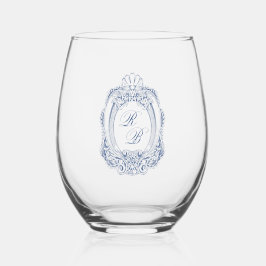 Barok Crest Frans Blauw Initialen Bruiloft Wijnglas Zonder Voet