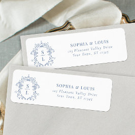 Barok Crest Monogram Blauw Huwelijk Retouradres Etiket