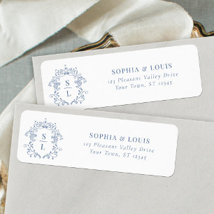 Barok Crest Monogram Blauw Huwelijk Retouradres Etiket