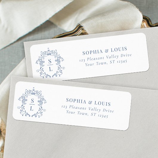 Barok Crest Monogram Blauw Huwelijk Retouradres Etiket