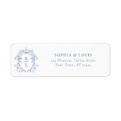 Barok Crest Monogram Blauw Huwelijk Retouradres Etiket (Voorkant)