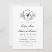 Barok Crest Monogram Zwart-wit bruiloft Kaart (Voorkant)