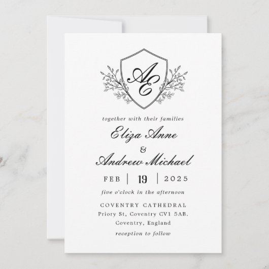 Barok Crest Monogram Zwart-wit bruiloft Kaart (Voorkant)