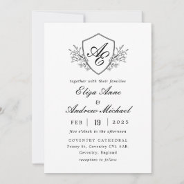 Barok Crest Monogram Zwart-wit bruiloft Kaart