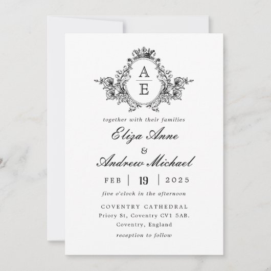 Barok Crest Monogram Zwart-wit bruiloft Kaart (Voorkant)