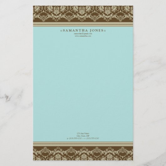 Barok Damask Designer Stationery:: aqua Briefpapier (Voorkant)