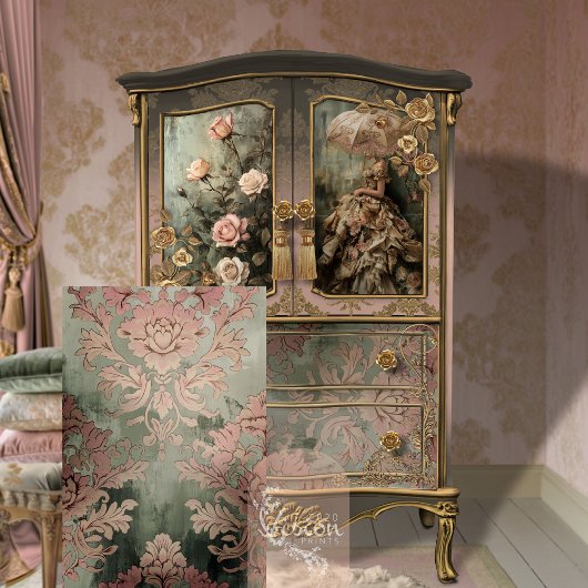 Barok Damask Dusty roze & Groene Tegel Tissuepapier