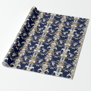Barok donkerblauw goud patroon cadeaupapier