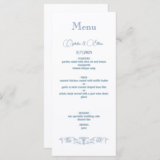 Barok Dusty Blue bruiloft Menu (Voorkant / Achterkant)