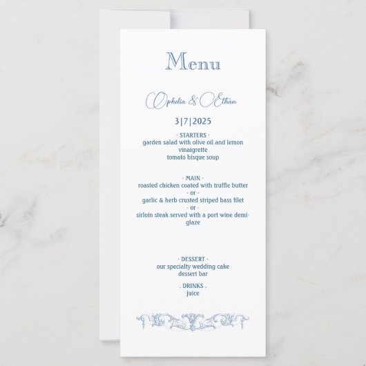 Barok Dusty Blue bruiloft Menu (Voorkant)