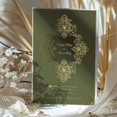 Barok Folie Ornament bruiloft Olijfgroen Uitnodiging