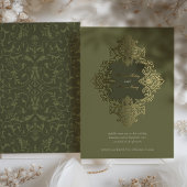 Barok Folie Ornament bruiloft Olijfgroen Uitnodiging