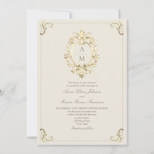  Barok Gold Cream Wedding Kaart (Voorkant)