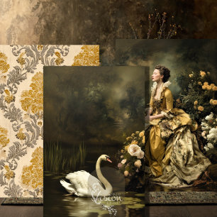 Barok Gouden Damast Dames Zwaan Portret Set Inpakpapier Vel