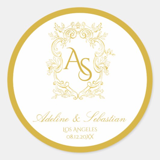 Barok Gouden Monogram Crest Huwelijk Ronde Sticker (Voorkant)