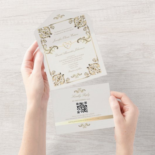 Barok gouden trouw-QR-code All In One Uitnodiging (Afscheurbaar)
