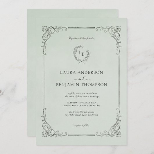 Barok Lijst Elegant Mint bruiloft uitnodiging (Voorkant / Achterkant)