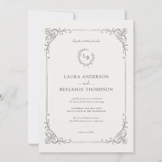 Barok Lijst Laurel Krans Elegant Huwelijk Kaart (Voorkant)