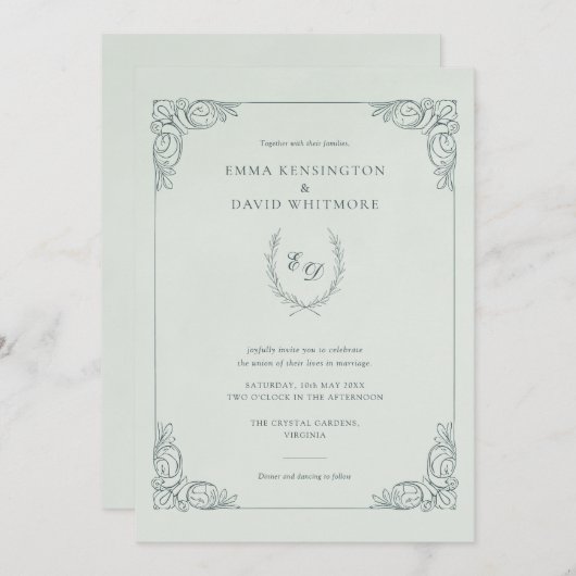 Barok Lijst Laurel Krans I Mint Wedding Kaart (Voorkant / Achterkant)