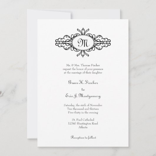 Barok lijst monogram zwarte witte bruiloft kaart (Voorkant)