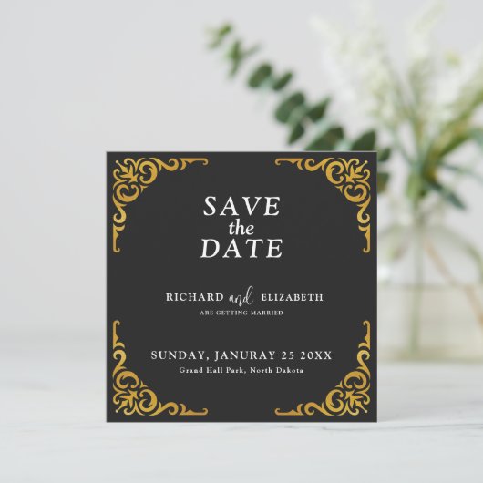 Barok Lijst Royal zwart en goud ornamentaal Save The Date (Staand voorkant)