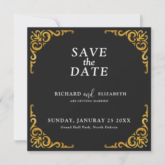 Barok Lijst Royal zwart en goud ornamentaal Save The Date (Voorkant)
