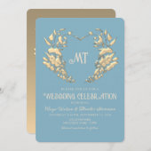 Barok Monogram Blauw Goud Huwelijksuitnodiging Kaart (Voorkant / Achterkant)