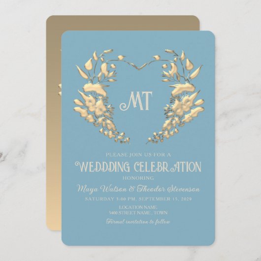 Barok Monogram Blauw Goud Huwelijksuitnodiging Kaart (Voorkant / Achterkant)