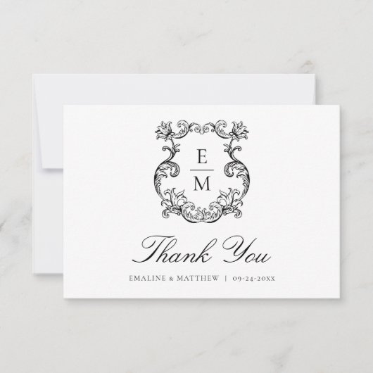 barok monogram crest bruiloft bedankkaart (Voorkant)