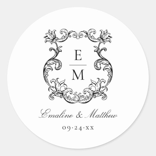  barok monogram crest bruiloft ronde sticker (Voorkant)
