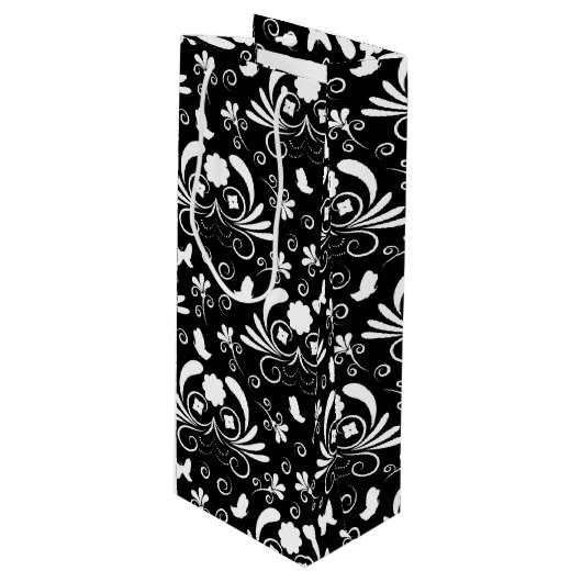 Barok Noir Damast Botanicals Wijn Cadeautas (Voorkant Gekanteld)