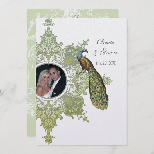 Barok Peacock bruiloft uitnodiging - Olive Limoen  (Voorkant / Achterkant)