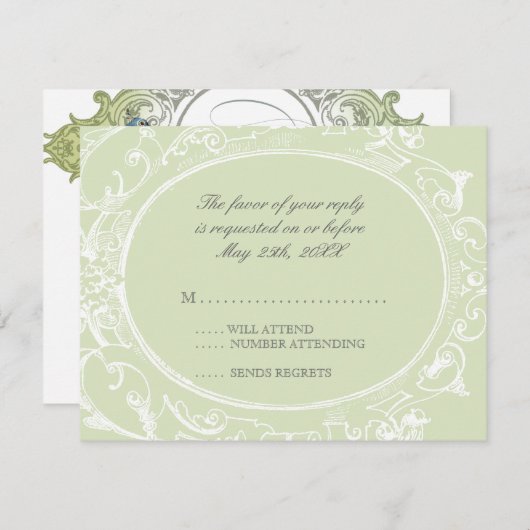 Barok Peacock RSVP Respons Kaart - Olive Limoen (Voorkant / Achterkant)