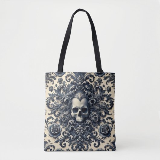 Barok Punk - Gotische schedel Damask Floral Tote Bag (Voorkant)