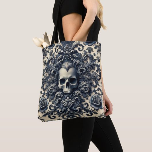 Barok Punk - Gotische schedel Damask Floral Tote Bag (Dichtbij)