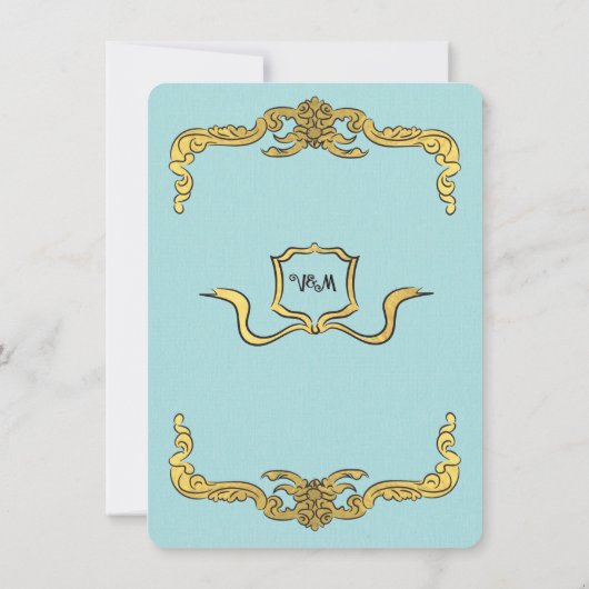 Barok Regency Faux Gold Blue Bow Wedding Kaart (Achterkant)